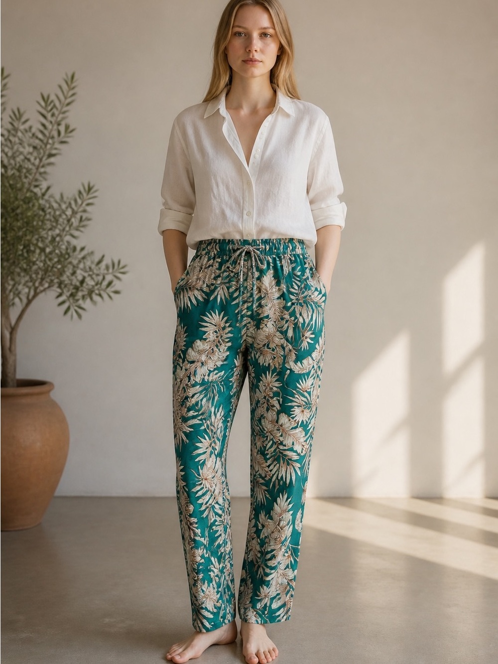 Julia Floral Straight-Leg Drawstring Pants